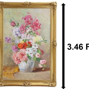 May include: An oil painting of a floral bouquet in a white vase, featuring pink, red, orange, and white flowers. The artwork is encased in an ornate gold frame and measures 3.46 feet in height. The composition includes green foliage.