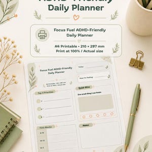 Peut inclure: Une feuille de planning quotidien imprimable A4 mesurant 210 x 297 mm intitulée Focus Fuel ADHD-Friendly Daily Planner. La mise en page comprend des sections pour les priorités, les blocs horaires, l'humeur, les réussites et des notes.