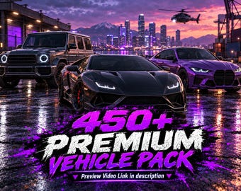May include: A digital graphic featuring a black sports car, a dark gray SUV, and a purple sports car parked on a wet surface. The text 450+ PREMIUM VEHICLE PACK and Preview Video Link in description are displayed in purple and white.