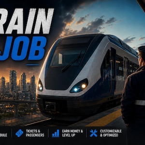 Peut inclure: Un graphique numérique avec le texte TRAIN JOB et une icône de train. Un train de voyageurs moderne blanc et bleu est à quai au coucher du soleil avec une ligne d'horizon urbaine. Un conducteur se tient sur le quai face au train.