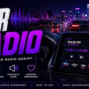 Könnte beinhalten: Eine digitale Autoradio-Schnittstelle mit dem Text CAR RADIO ADVANCED CAR RADIO SCRIPT in einem violett-weißen Farbschema. Der Bildschirm zeigt Pulse FM, eine Schallwellengrafik und Stationssymbole für Nova Wave, Eclipse, Void und Lux.