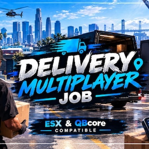May include: A digital graphic for a delivery multiplayer job featuring a worker in a black uniform carrying a cardboard box. The text reads DELIVERY MULTIPLAYER JOB and ESX & QBCORE COMPATIBLE. The background shows a city port with a truck.
