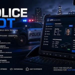 Puede incluir: Una pantalla de terminal de datos móvil digital que muestra una interfaz policial con el texto POLICE MDT, PROFESSIONAL MOBILE DATA TERMINAL, REALISTIC, EFFICIENT, ESSENTIAL y varias opciones de menú de software para búsqueda.