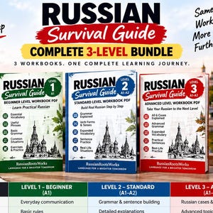 May include: A Russian Survival Guide complete 3-level bundle featuring three PDF workbooks in green, blue, and red. The set includes a comparison chart detailing beginner, standard, and advanced levels, with icons for focus, grammar, vocabulary, and exercises.