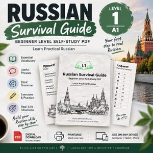 May include: A digital Russian Survival Guide PDF for beginners, featuring a cover with a sketch of Saint Basil's Cathedral, a page of essential vocabulary, and a page showing the Russian alphabet. The guide includes sections for phrases, grammar, and exercises.