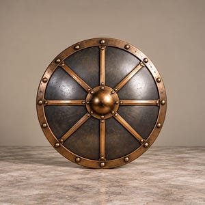 Puede incluir: Un escudo circular con una superficie metálica oscura y desgastada con una cúpula central prominente. Está reforzado por un marco de tono bronce que consta de un borde grueso y ocho radios, todo asegurado con pequeños remaches espaciados.