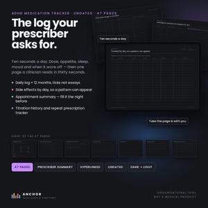 May include: An ADHD medication tracker digital planner with 47 undated pages. The dark-themed interface features a daily log for dose, appetite, sleep, and mood. Includes a prescriber summary, titration history, and repeat prescription tracker.