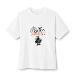 May include: A white short-sleeved t-shirt featuring a graphic print on the chest. The design includes a black spiderweb, two small bats, a spider, and the text "HAPPY HALLOWEEN" in black and red, with a bat hanging upside down below the text.