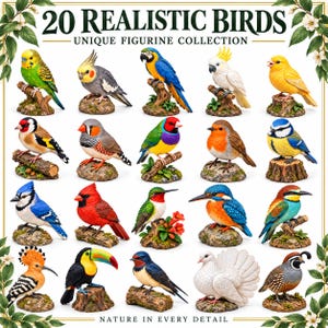 Op de afbeelding: Een verzameling van 20 realistische vogelbeeldjes in een raster, met diverse soorten zoals een blauwe gaai, kardinaal, toekan en papegaai. Elke vogel staat op een textuurrijke basis. De tekst luidt 20 REALISTIC BIRDS UNIQUE FIGURINE COLLECTION.