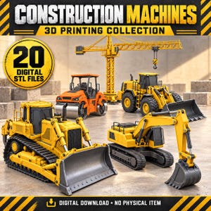 Byggfordon STL-paket, 20 miniatyrmodeller för 3D-utskrift, grävmaskin, bulldozer, vägvält och tornkran