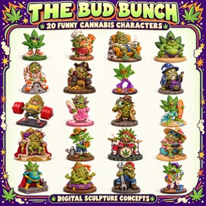 May include: A collection of 20 small, detailed figurines titled THE BUD BUNCH 20 FUNNY CANNABIS CHARACTERS DIGITAL SCULPTURE CONCEPTS. Each figure depicts a green, anthropomorphic cannabis bud in various costumes and activities, including a chef, astronaut, pirate, weightlifter, drummer, and artist, all arranged in a grid.