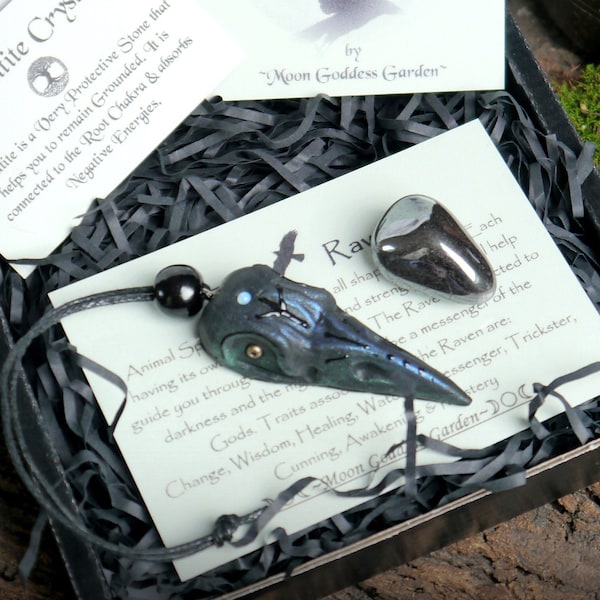 Raven Protection Talisman Polymer Clay Sculpture with Hematite Crystal Altar Piece witchcraft Pagan Wicca gift
