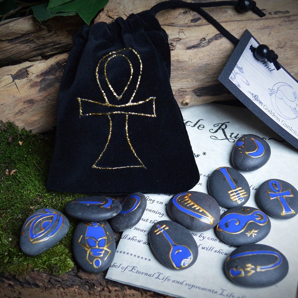 Runes Egyptian with Black Ankh Velvet Bag and Casting Instructions Ankh Rune Divination Pagan Oracle Polished Granite