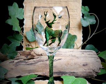 Hand Painted Stag Glass Chalice Witches Goblet Altar Pagan Wicca Green Man Gift