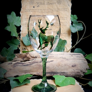 Hand Painted Stag Glass Chalice Witches Goblet Altar Pagan Wicca Green Man Gift image 1