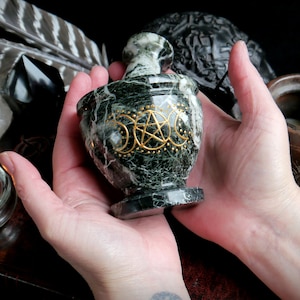 Hand Decorated Marble Mortar and Pestle: Triple Moon Pentacle Altar