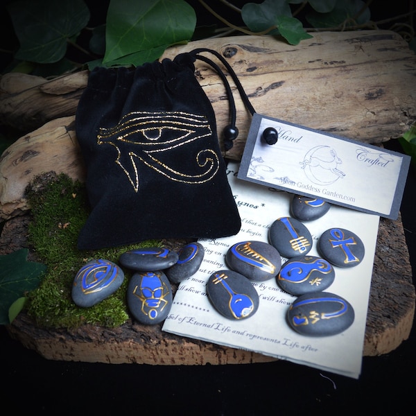 Egyptian Runes with Black Velvet Bag and Casting Instructions Eye of Horus Rune Divination Pagan Black Polished Granite