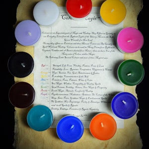 12 hechizos Velas Color Magia hecha a mano Wiccan Pagan Witchcraft Color Magic Folleto