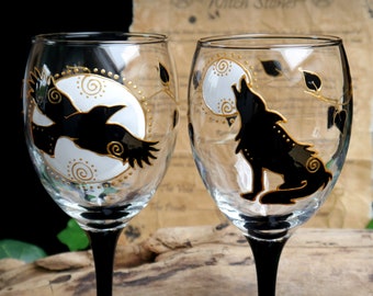 Raven and Wolf Glass Chalice Hand Painted Wine Glasses Witches Goblets Handfasting Gift