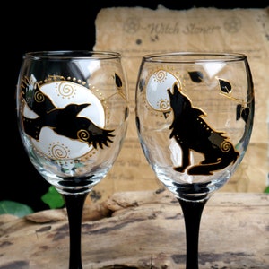 Raven and Wolf Glass Chalice Hand Painted Wine Glasses Witches Goblets Handfasting Gift