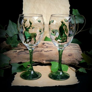 Stag and Hare Glass Chalice Hand Painted Wine Glasses Witches Goblets Handfasting Gift