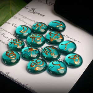 13 Witches Runes with deep Teal and Copper symbols Black Bag and Casting Instructions Gift