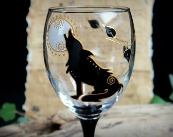 Hand Painted Howling Wolf and Moon Glass Chalice Witches Goblet Altar Pagan Wicca Gift