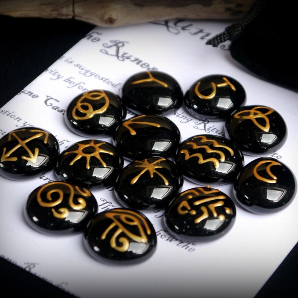 13 Witches Black and Gold Runes with Black Bag and Casting Instructions