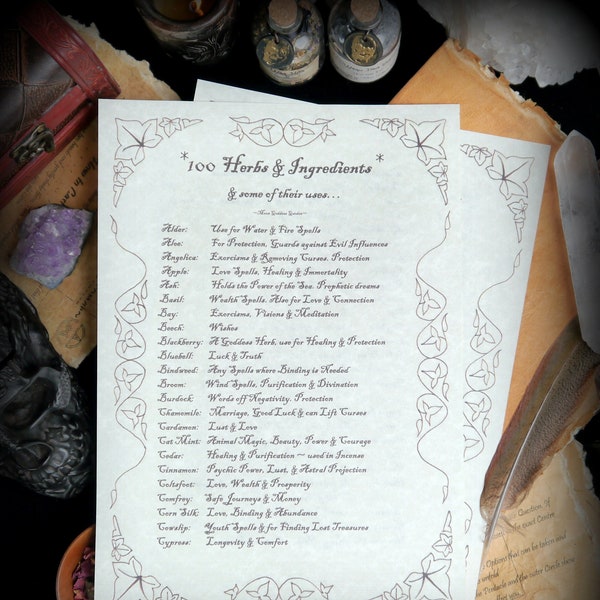 Witches 100 Herb information A4 Posters on Parchment Paper Pagan Wiccan Spells Gift