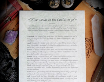 May include: A white paper with brown text describing the magical properties of nine different types of wood. The text includes the names of the woods, such as Hawthorn, Apple, Willow, Rowan, Fir, Birch, Hazel, Oak, and Vine. The text also includes a description of the magical properties of each wood, such as its ability to attract fairies, bring insight, or protect from enchantment. The text is titled "Nine woods in the Cauldron go" and is signed "Moon Goddess Garden."