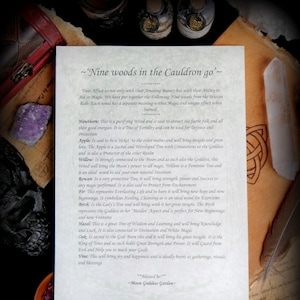 Nine Woods in the Cauldron A4 Parchment Poster: Wiccan Spells Book of shadows Grimoire leaflet poster