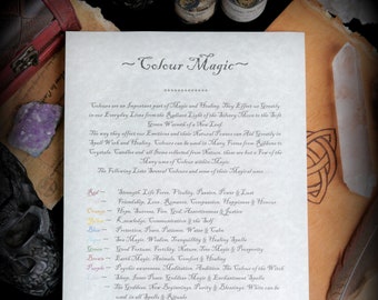 May include: A white sheet of paper with handwritten text about the magical properties of colors. The text includes the color names, their associated magical properties, and the phrase "Blessed Be - Moon Goddess Garden".