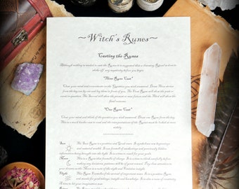 May include: A close-up of a white sheet of paper with black text describing how to cast runes. The text includes the phrases "Witch's Runes", "Casting the Runes", "Three Rune Cast", and "One Rune Cast".