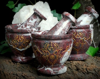 Earth Goddess Mortar and Pestle Red and White Marble Triple Moon Wicca Pagan Witches Altar Gift