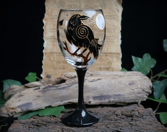 Raven and Moon Hand Painted Wine Glass Chalice Witches Goblet Wicca Pagan Altar Gift