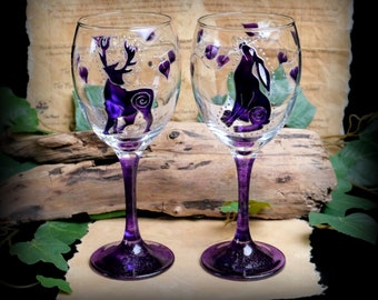 Hand Painted Stag and Hare Glass Chalice Witches Goblets Handfasting Gift