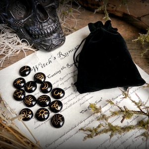 13 Witches Runes: Black and Gold Divination Set with Instructions and velvet Pouch