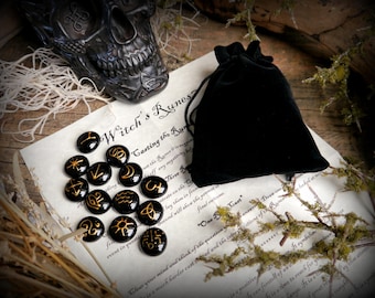 13 Witches Runes: Black and Gold Divination Set with Instructions and velvet Pouch