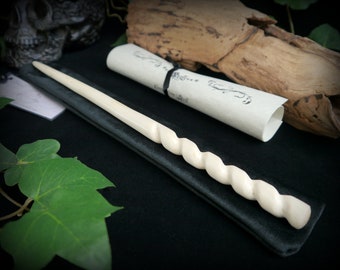 Witches Rowan Wood Wand with Hand Carved Spiral design and Wand Bag Spells Wicca Witchcraft Pagan Wiccan Gift Protection