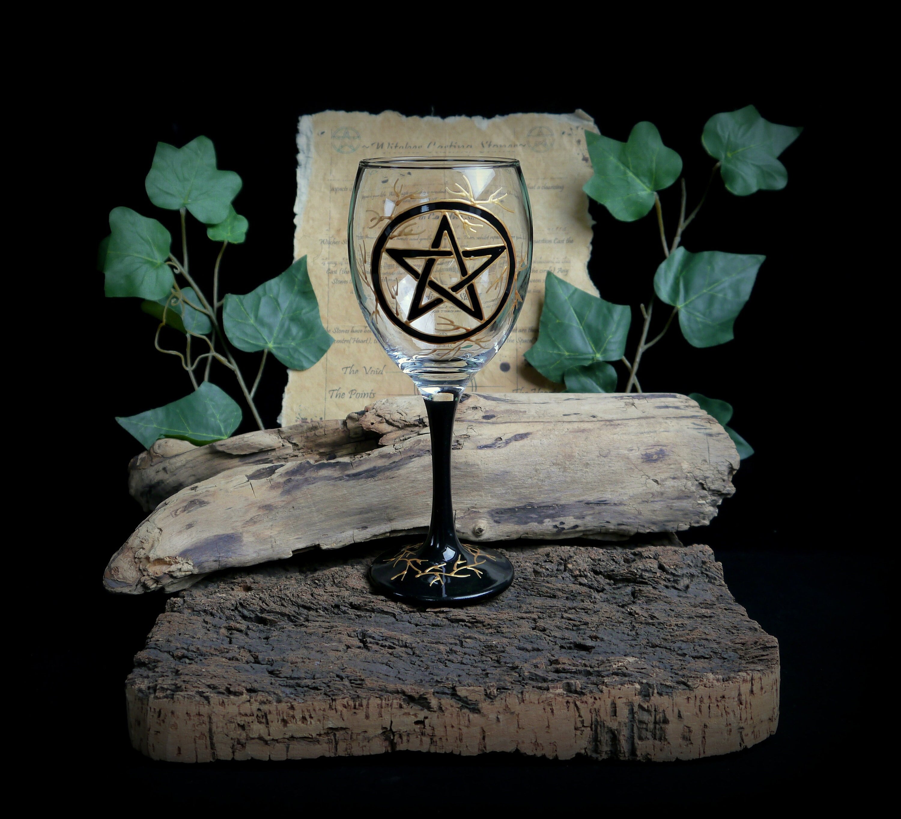 Hand Painted Witches Pentacle Glass Gothic Chalice Wine Goblet Altar Pagan Wicca Gift
