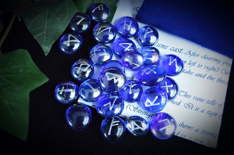 25 Glass Runes With Blue Velvet Bag and Casting Instructions Etsy