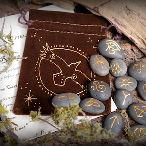 Witches' Stone Runes Set: Hand-Decorated, Raven Pouch, Divination
