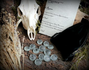 Puede incluir: Naturaleza muerta con un cráneo de ciervo, flores secas y un conjunto de piedras rúnicas. Las piedras son de color azul claro con símbolos negros. También hay una bolsa de terciopelo negro y un papel manuscrito con la palabra "Runes".