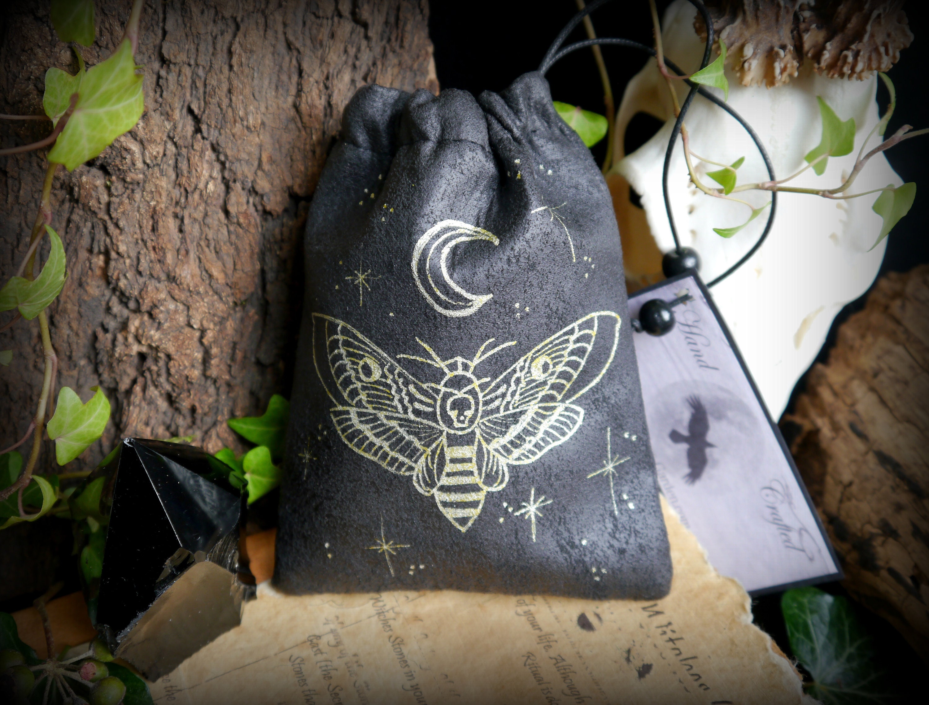 Rune bag Death's Head Moth and Moon Crystal Storage Pouch handmade Faux Leather Design Witchcraft Altar tool Pagan Wicca