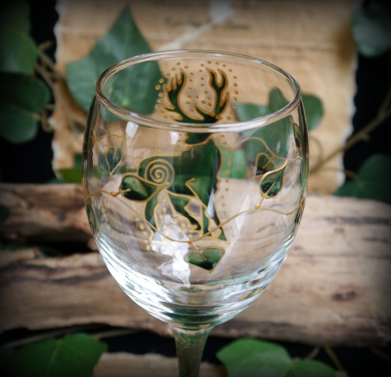 Hand Painted Stag Glass Chalice Witches Goblet Altar Pagan Wicca Green Man Gift image 5