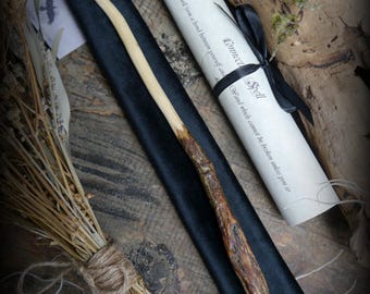 Hand Carved Oak Wood Wand for Protection Magic (Wand Bag and Spells Included)