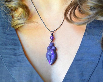 Clay Earth Goddess Pendant Amethyst  Necklace Sculpture pendant  Handmade Wicca Pagan Witch Witchcraft Gaia