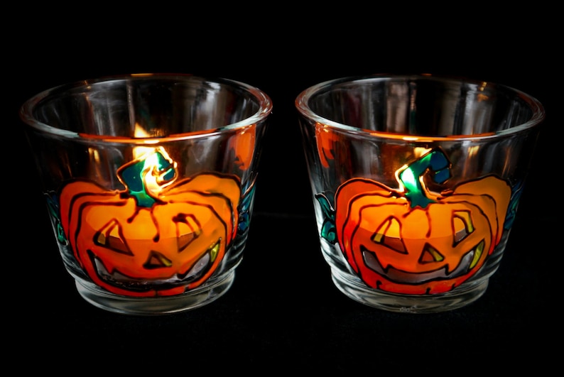 Pumpkin Glass Candle Holders Hand Painted Samhain Gift Fall Etsy