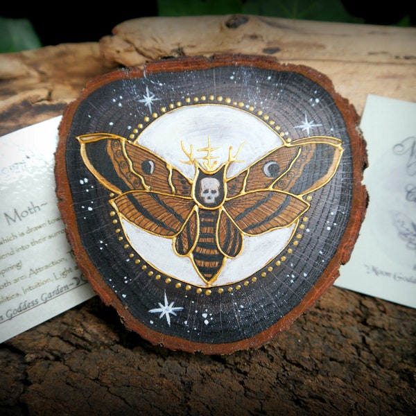 Deaths Head Moth Original Pen, Ink and Acrylic Witches Altar piece on Oak Wood Wicca Pagan witchcraft Wiccan Gift