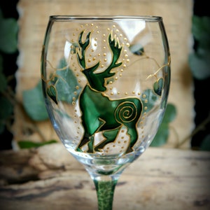 Hand Painted Stag Glass Chalice Witches Goblet Altar Pagan Wicca Green Man Gift image 6